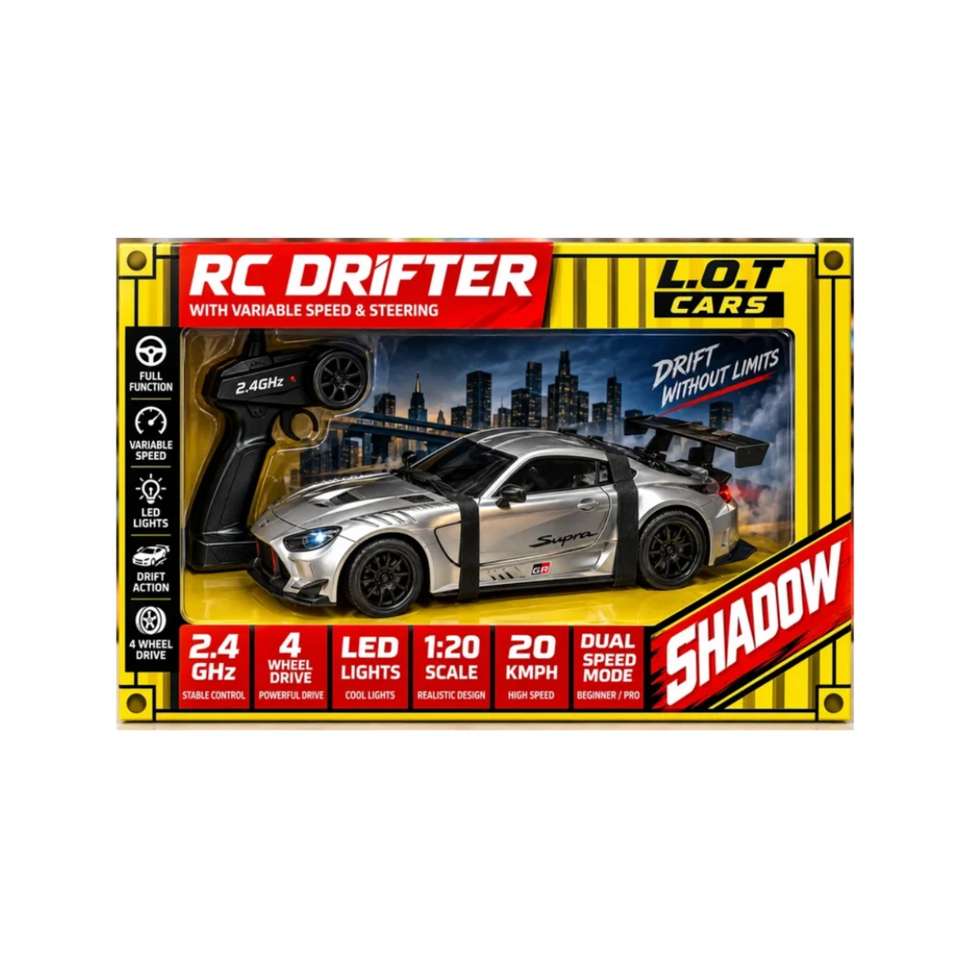 L.O.T Cars Shadow Remote Car Drifter 1:20 – 2.4GHz 4WD Silver Drift Racing Car