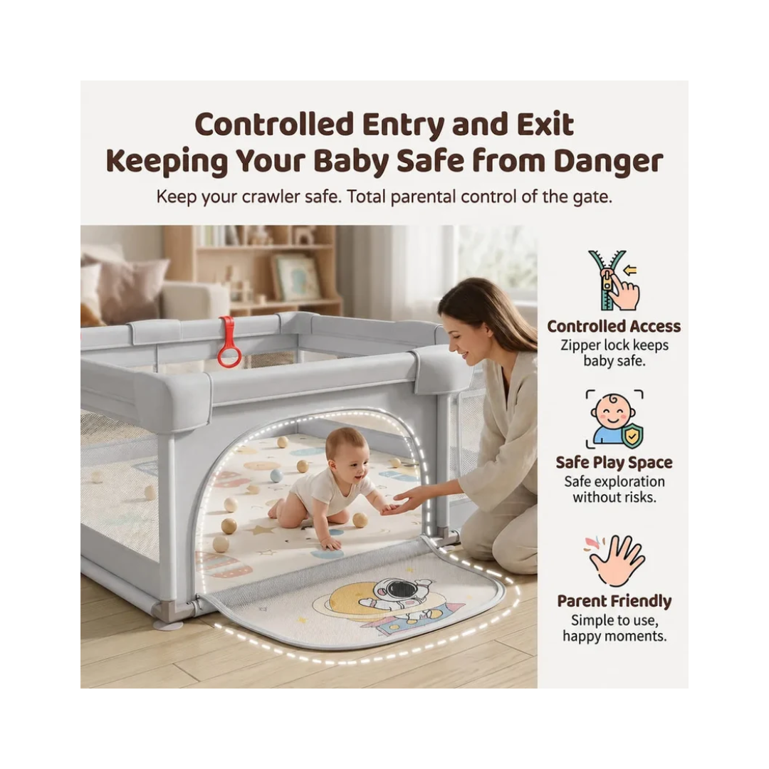StarAndDaisy Baby Playpen 120 × 120 cm with Breathable Mesh, Grasp Rings & Anti-Slip Base – 0–5 Years, Grey