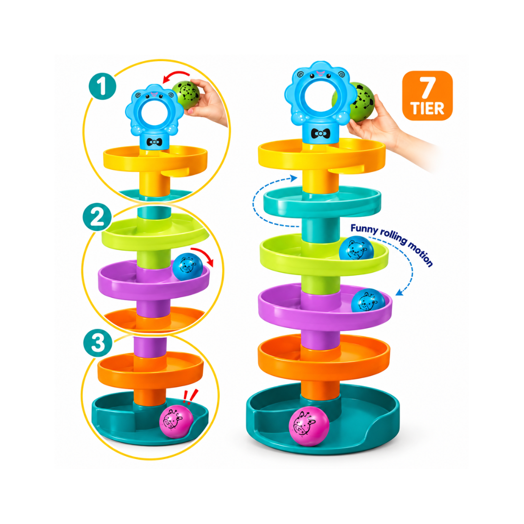Toymate Cat Spiral Fun â€“ 7-Tier Rolling Ball Tower for Toddlers