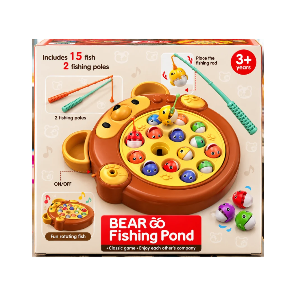 LUMO Bear Fishing Pond Game for Kids | Rotating Musical Fishing Game with 15 Fish & 2 Fishing Poles | 3+ Years
