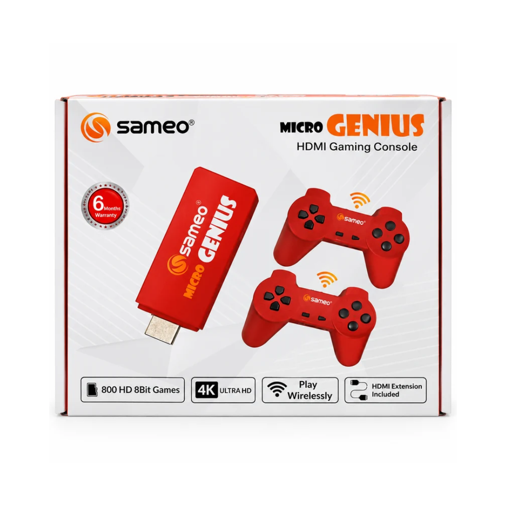 Sameo Micro Genius HDMI Gaming Console – 800 HD 8-Bit Games 4K Ultra HD  Dual Wireless Controllers