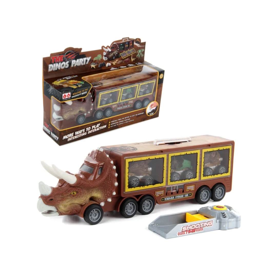 Dinosaur Transport Truck Toy with 3 Cars Dino’s Party Storage & Playset