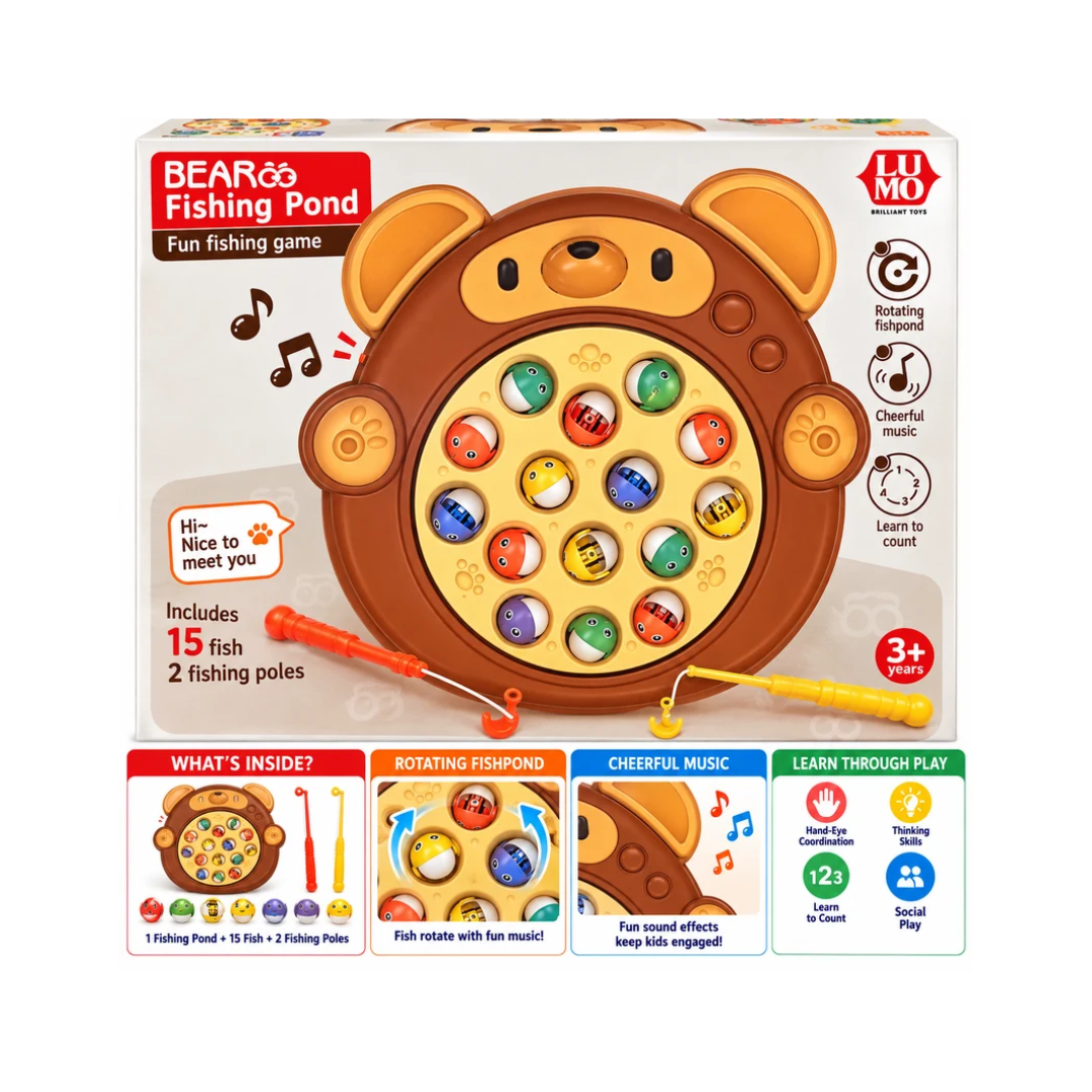 LUMO Bear Fishing Pond Game for Kids | Rotating Musical Fishing Game with 15 Fish & 2 Fishing Poles | 3+ Years