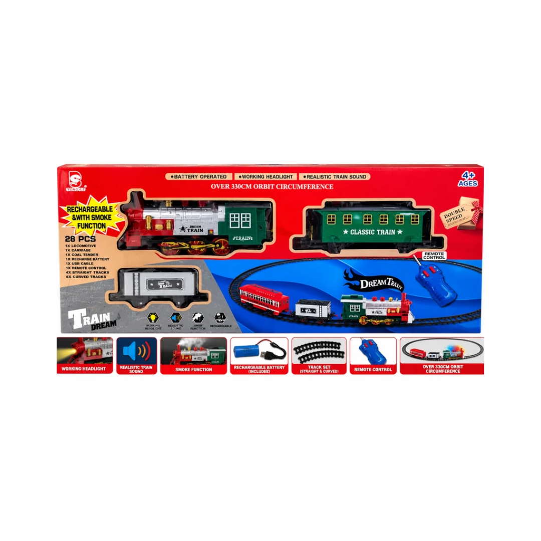 Dream Train 26 Pcs Rechargeable Remote Control Train Set with Smoke, Light & Sound