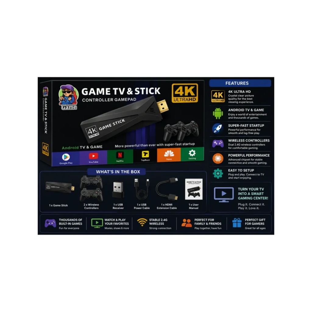 4K Ultra HD Game TV Stick with Dual Wireless Game Controllers – Android TV & Gaming Stick