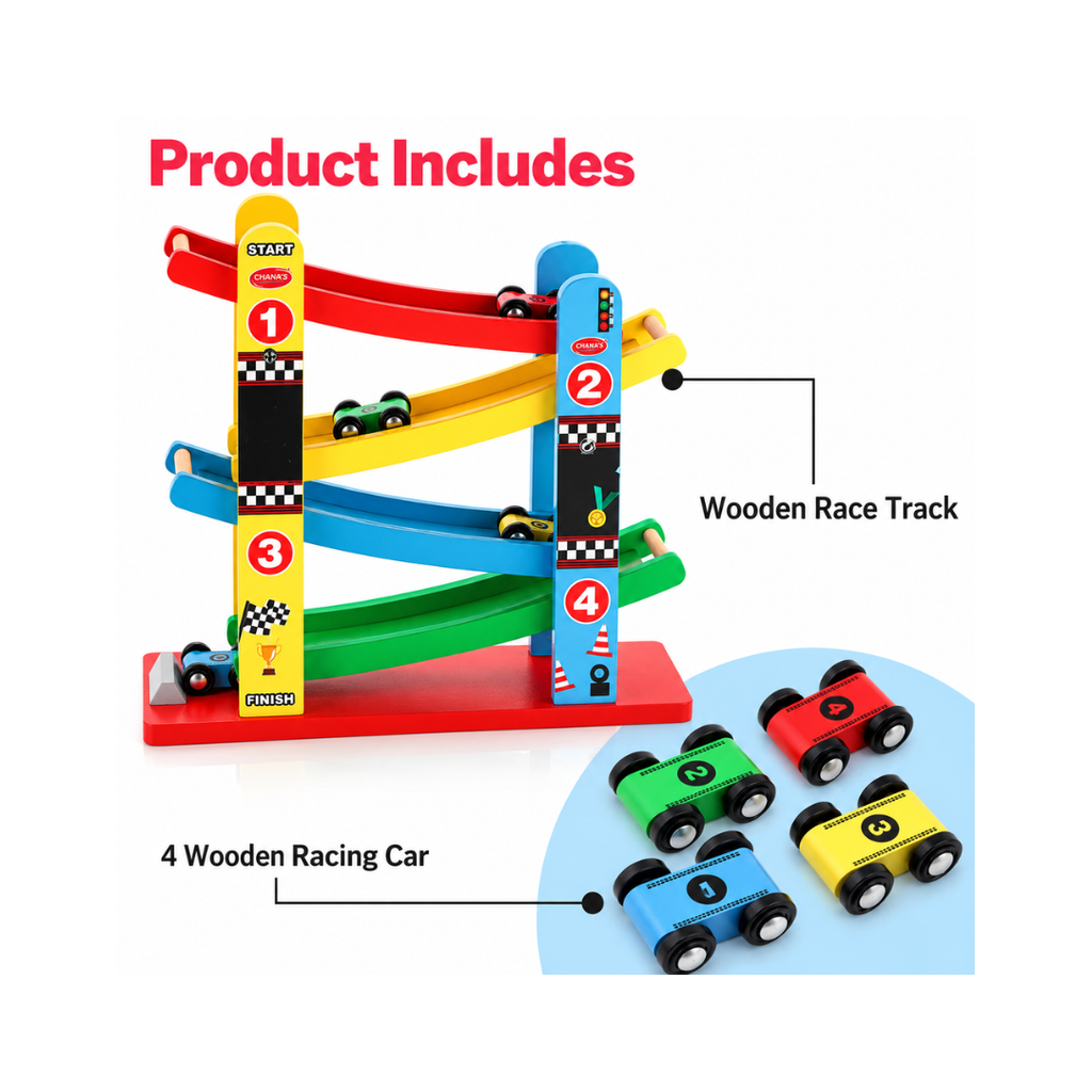 Chanak Wooden Car Ramps Race - 4 Level Toy Car Ramp Race Track