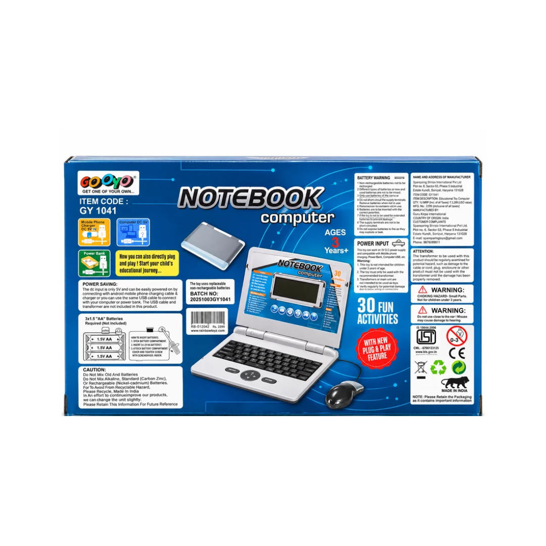 Gooyo Kids Educational Notebook Computer – 30 Fun Learning Activities with USB Cable | 3+ Years