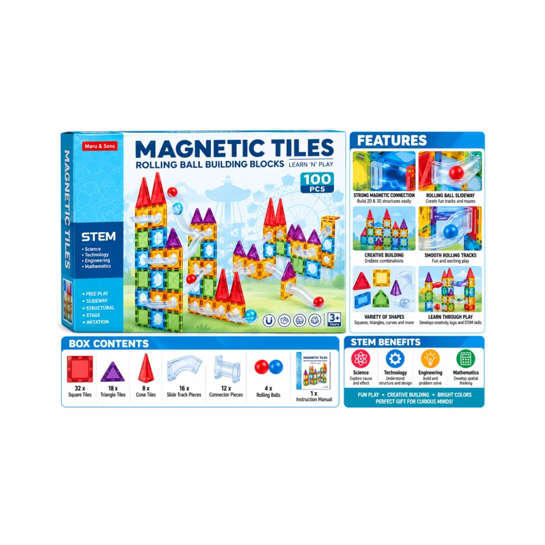 Maru & Sons Magnetic Tiles Rolling Ball Building Blocks – 100 PCS STEM Learning Set | 3+ Years