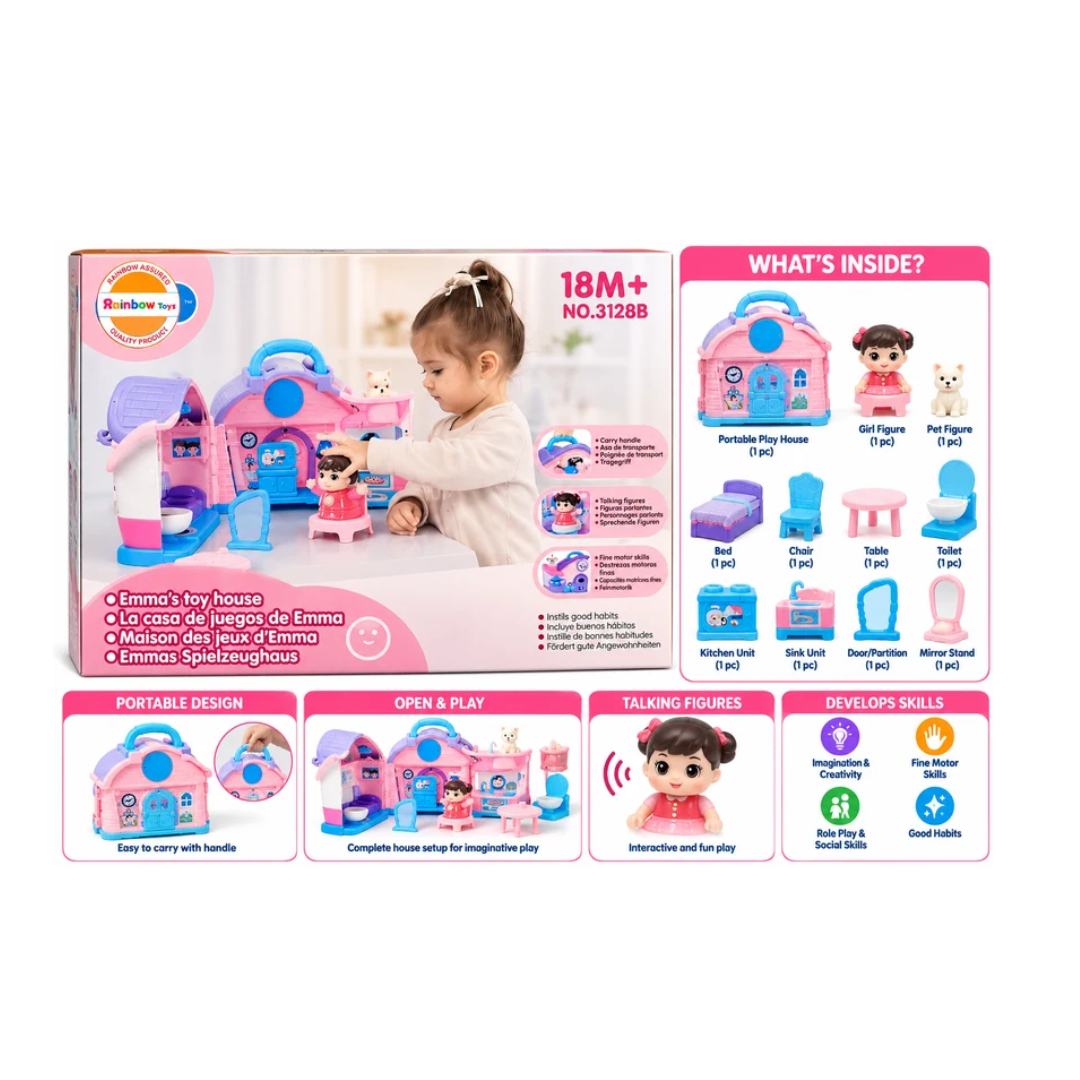 Hola Emma’s Portable Toy House Playset | Talking Figure & Pretend Play Set with Carry Handle | 18M+