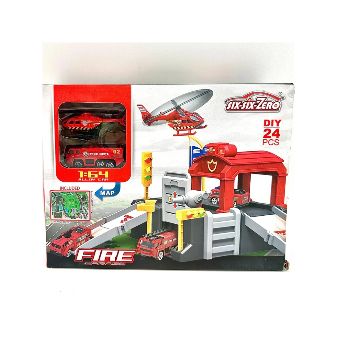 Fire Garage DIY 24 Pcs Building Set with Fire Trucks, Helicopter & Road Map – 1:64 Alloy Cars