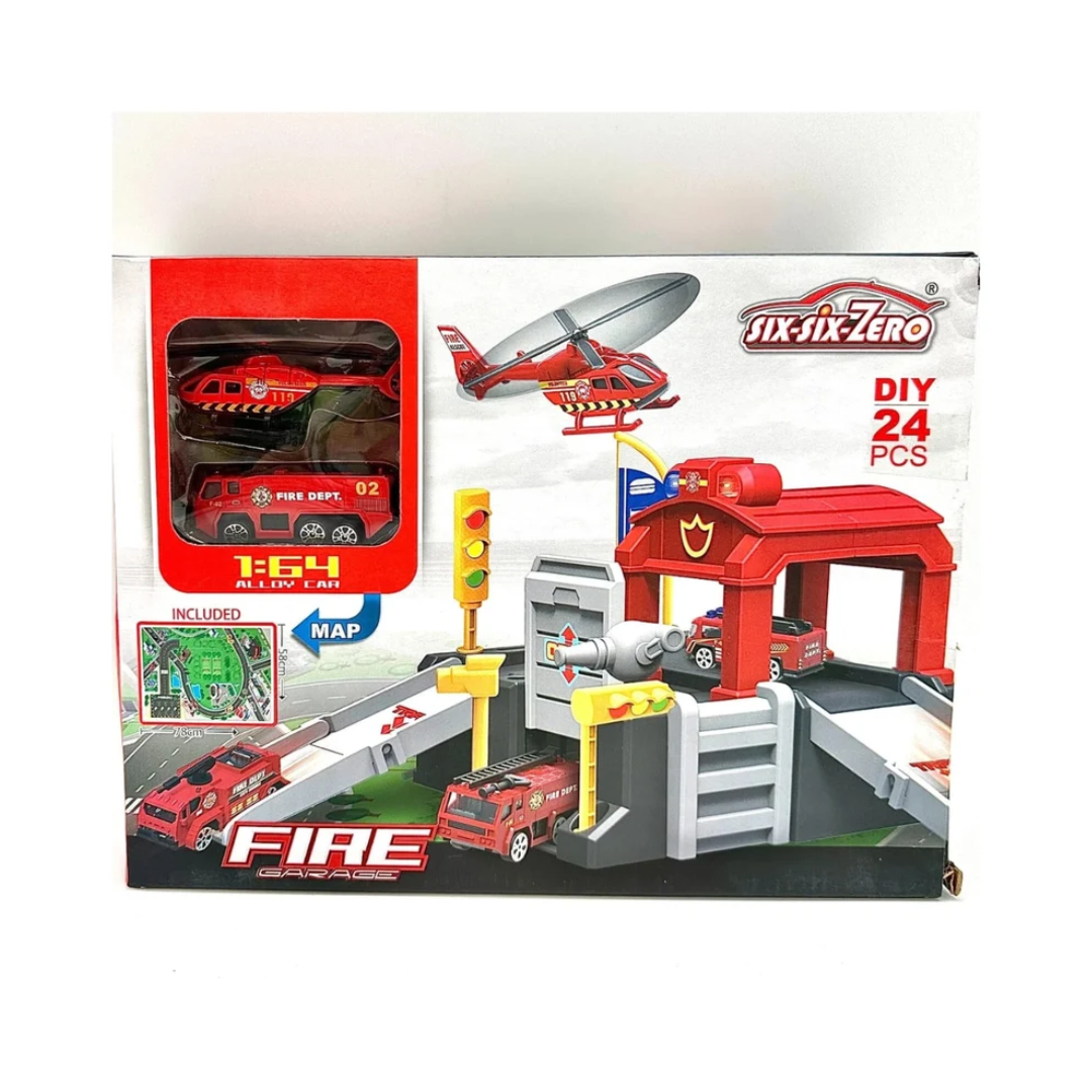 Fire Garage DIY 24 Pcs Building Set with Fire Trucks, Helicopter & Road Map – 1:64 Alloy Cars