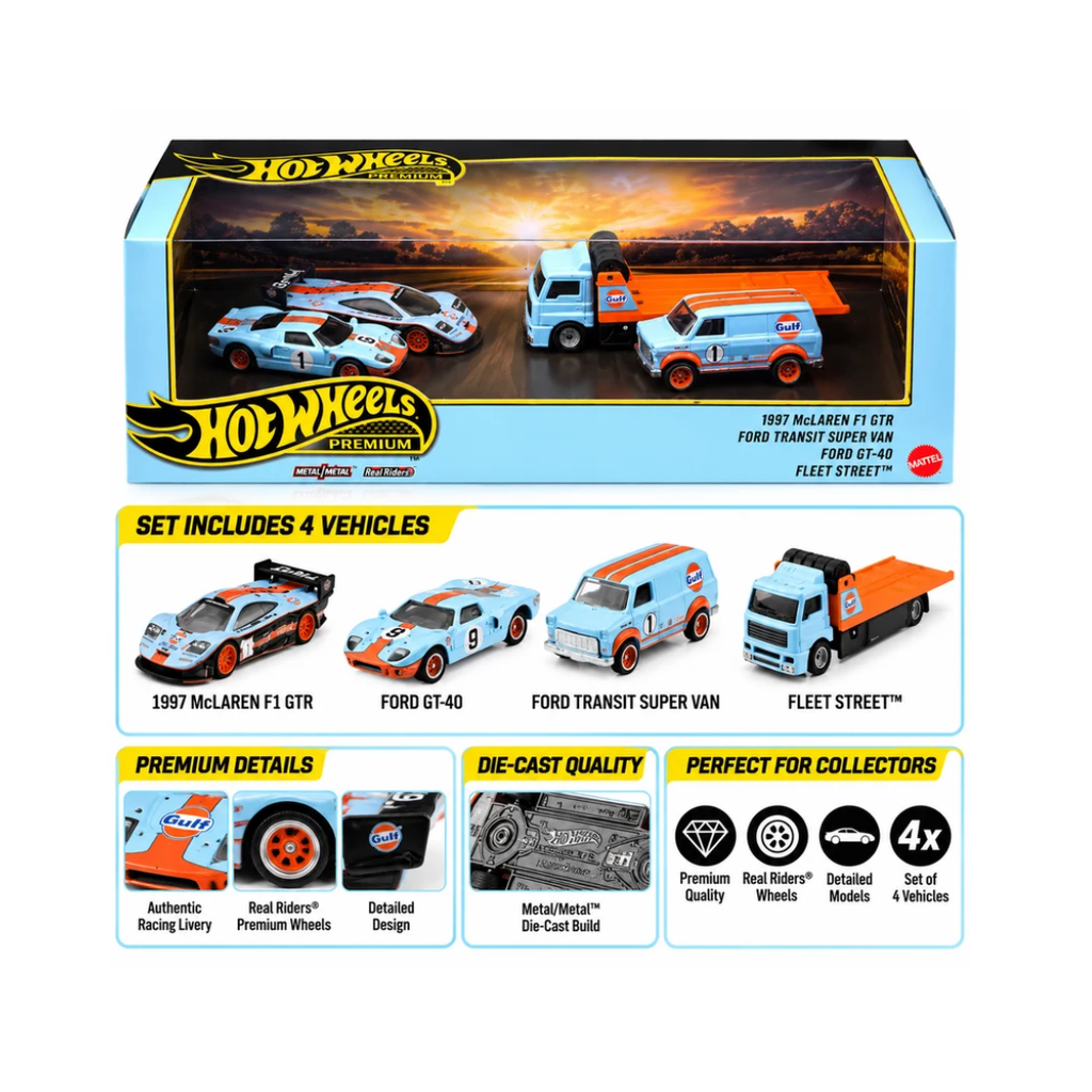Hot Wheels Premium Collector 4-Vehicle Set | McLaren F1 GTR, Ford GT40, Ford Transit Supervan & Ford C-800