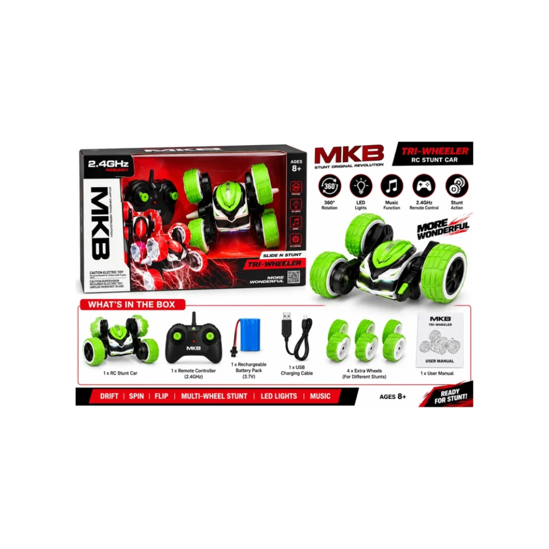 MKB Tri-Wheeler 2.4GHz Remote Control Stunt Car – 360° Slide & Stunt RC Toy