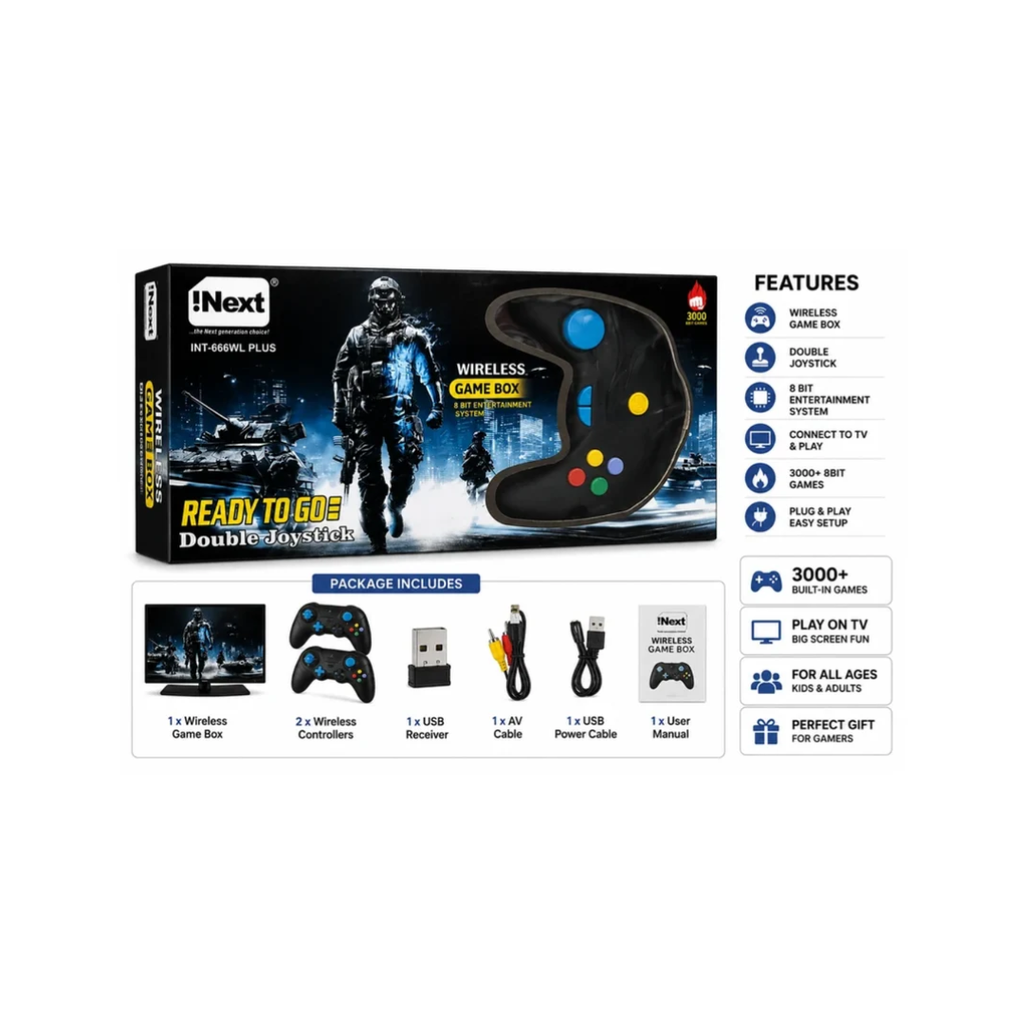 iNext INT-666WL Plus Wireless Game Box – 3000 Built-in 8-Bit Games with Double Joystick