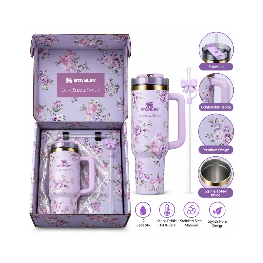 Stanley LoveShackFancy Lavender Floral Insulated Tumbler 1.2L | Stainless Steel Travel Cup with Handle, Straw & Premium Gift Box