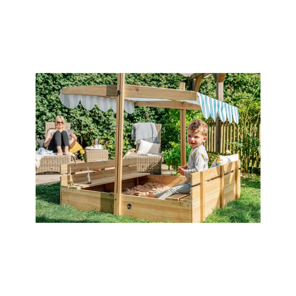 Plum Wooden Sandpit with Adjustable Canopy & Benches | Outdoor Kids Sandbox with Sun Shade | 18 Months+