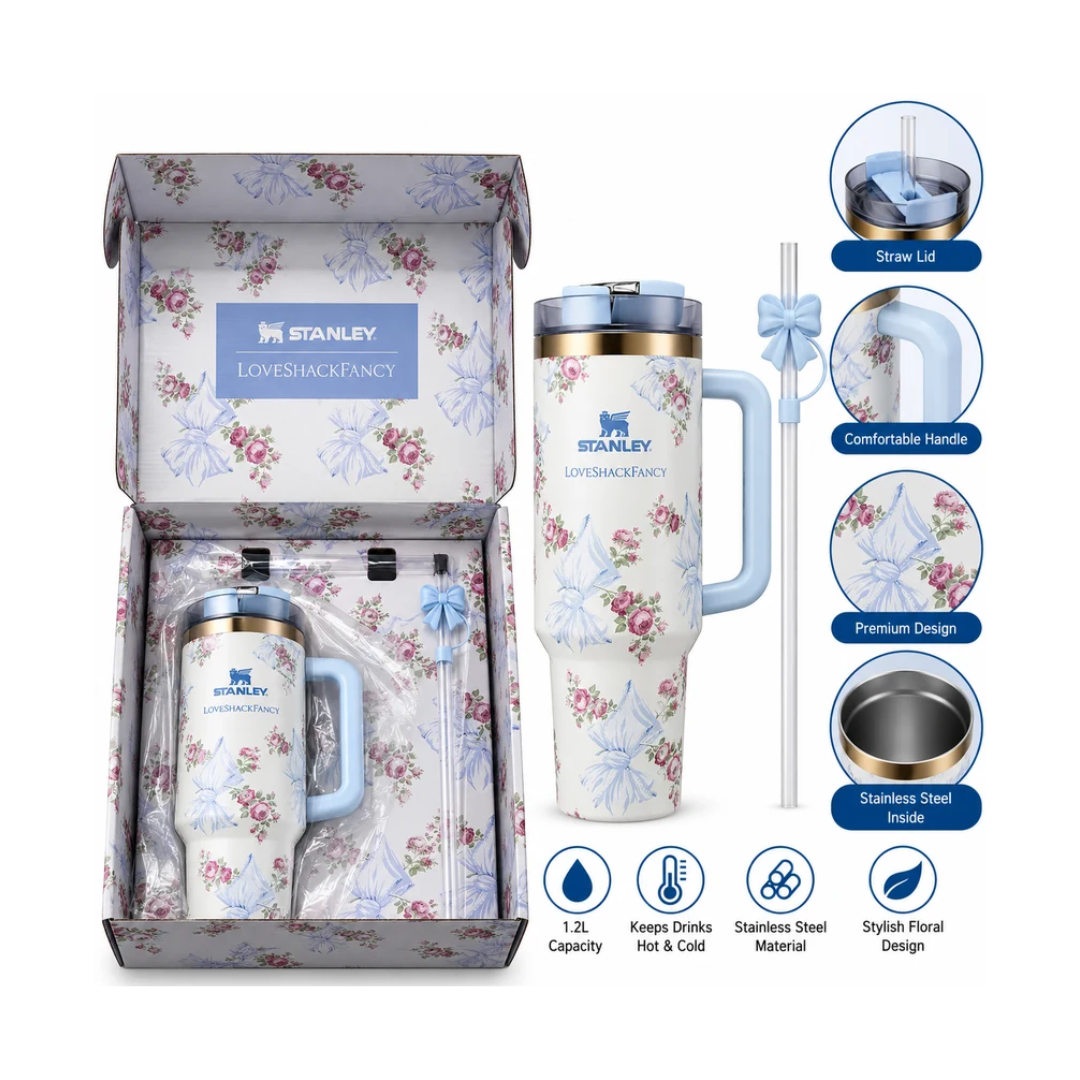 Stanley LoveShackFancy Blue Bow & Pink Rose Floral Insulated Tumbler 1.2L | Stainless Steel Travel Cup with Handle, Straw & Gift Box
