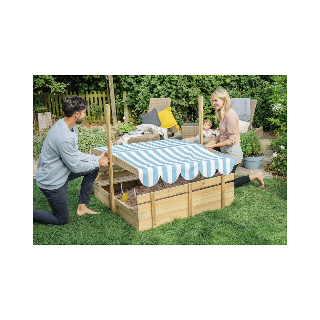 Plum Wooden Sandpit with Adjustable Canopy & Benches | Outdoor Kids Sandbox with Sun Shade | 18 Months+