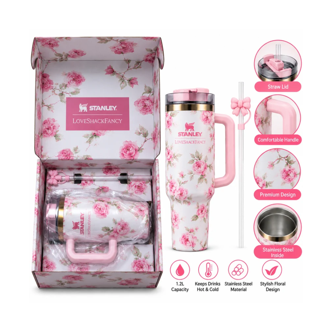 Stanley LoveShackFancy Pink Rose Floral Insulated Tumbler with Handle & Straw | Elegant White & Pink Flower Print Travel Cup with Gift Box