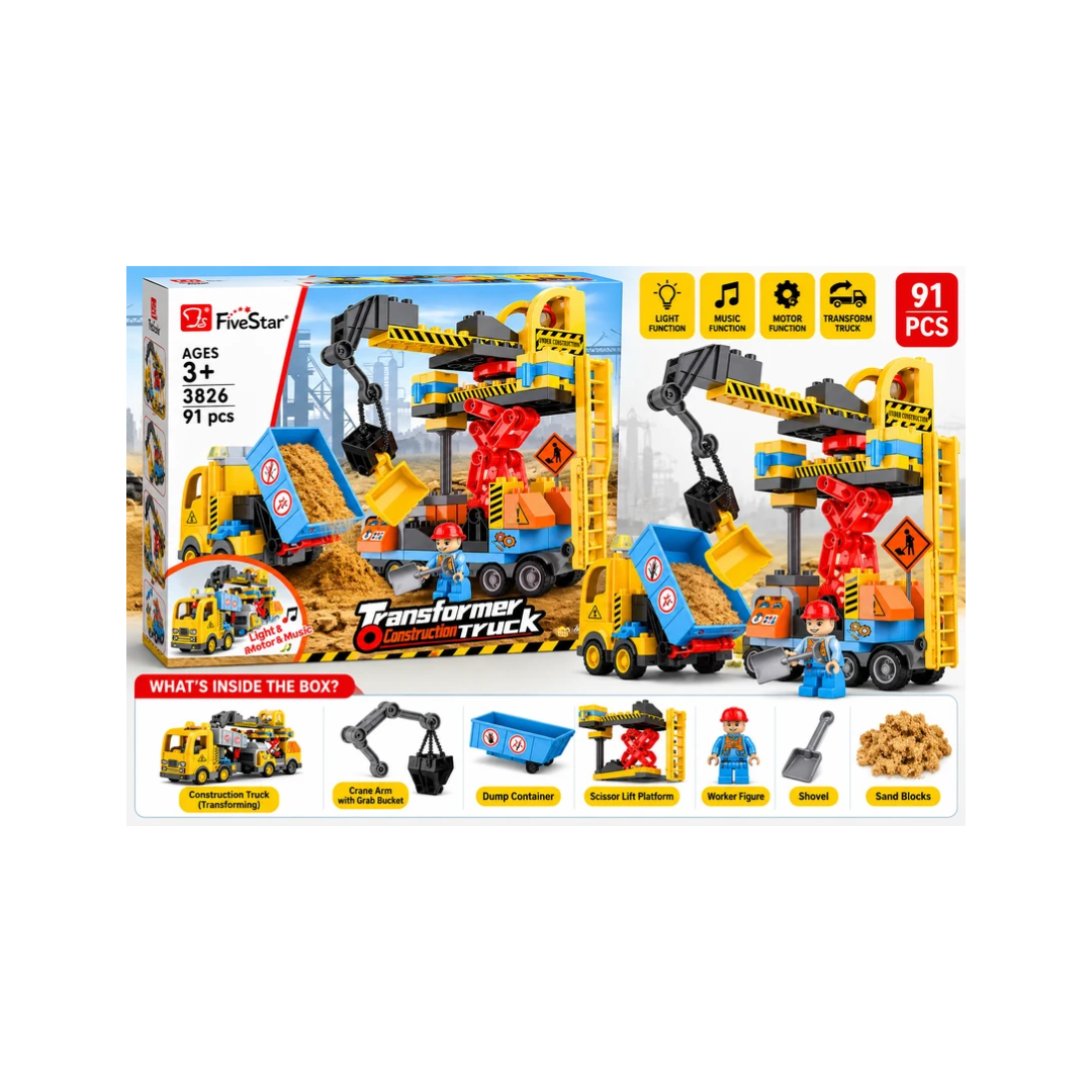 FiveStar Transformey Construction Truck Building Set with Light, Motor & Music – 91 Pcs