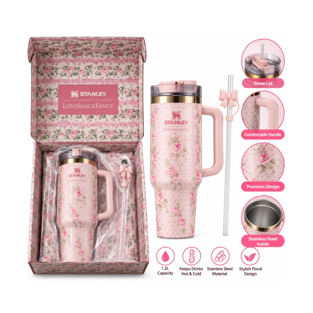 Stanley Love Shack Fancy Floral Print Insulated Tumbler with Handle & Straw | Pink Rose Design Stainless Steel Travel Cup