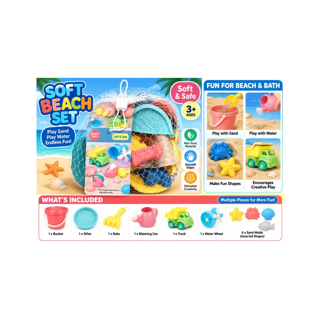 Soft Beach Sand Play Set for Kids – Bucket, Shovel, Rake & Sand Mould Toys