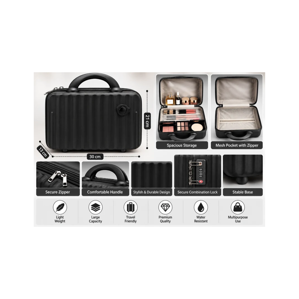 Portable Hard Shell Makeup & Travel Organizer Case with Handle – Black (30cm)