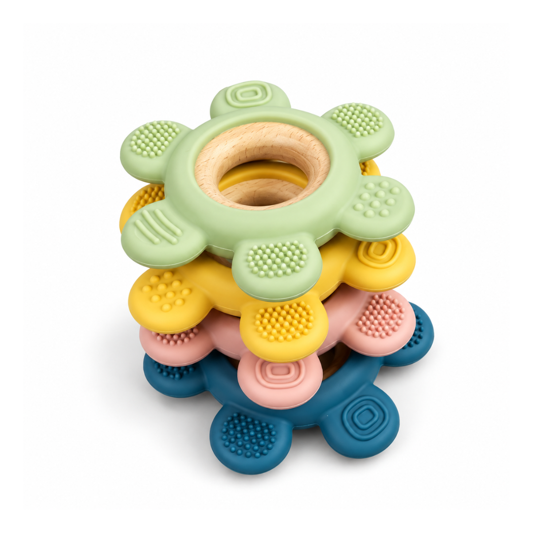 Playblox Flower Teether – 100% Food-Grade Silicone & Natural Beech Wood Soothing Teething Ring for Babies, Non-Toxic Easy-Grip Sensory Toy, 1 Count