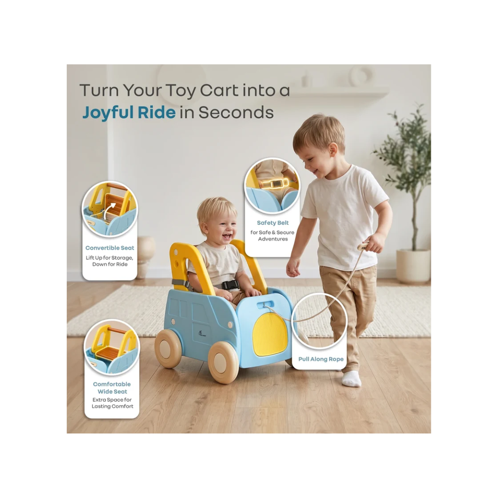 R for Rabbit Kiddie Kart 4-in-1 Versatile Toy Cart – Ride, Push & Storage Play Cart Blue Yellow