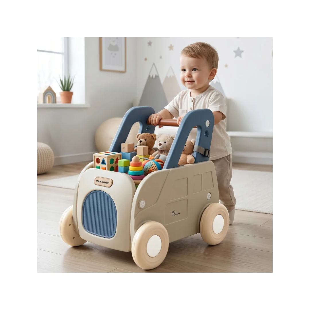 R for Rabbit Kiddie Kart 4-in-1 Kids Toy Storage Cart, Sit & Ride, Push Walker & Pull Along with Adjustable Handlebar – Grey Blue