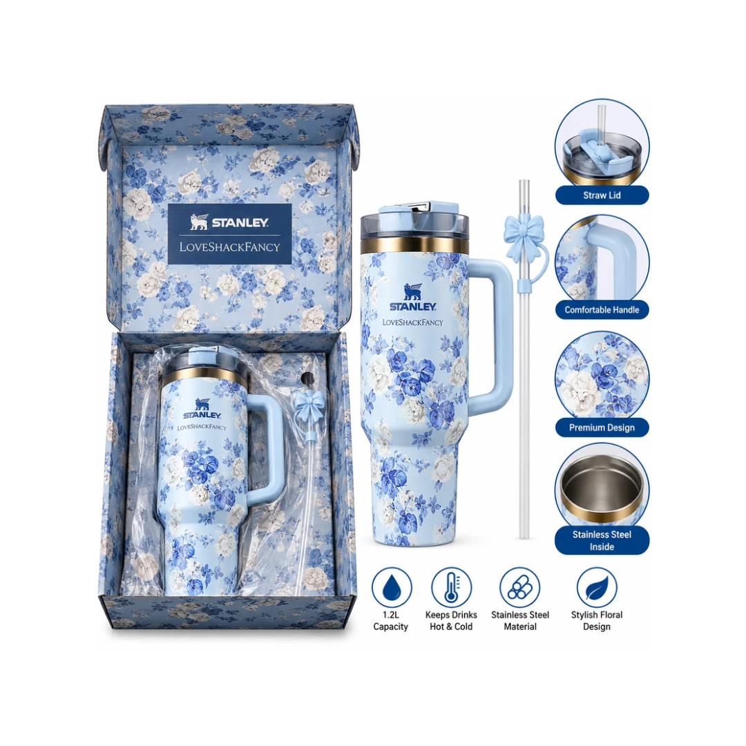 Stanley LoveShackFancy Blue Floral Insulated Tumbler with Handle & Straw | Elegant Blue Rose Print Travel Cup with Gift Box