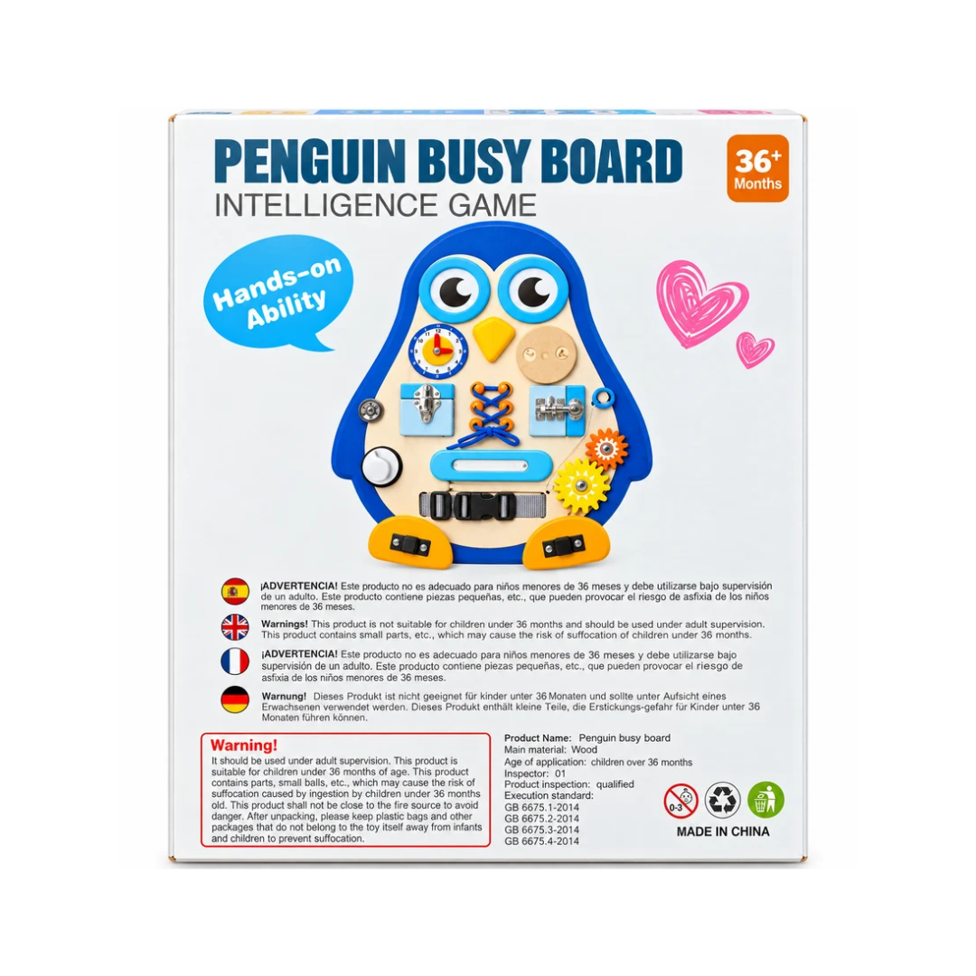 Penguin Busy Board Intelligence Game for Kids Ages 3+ | Montessori Wooden Activity Board with Locks, Gears, Clock & Fine Motor Skill Learning Activities