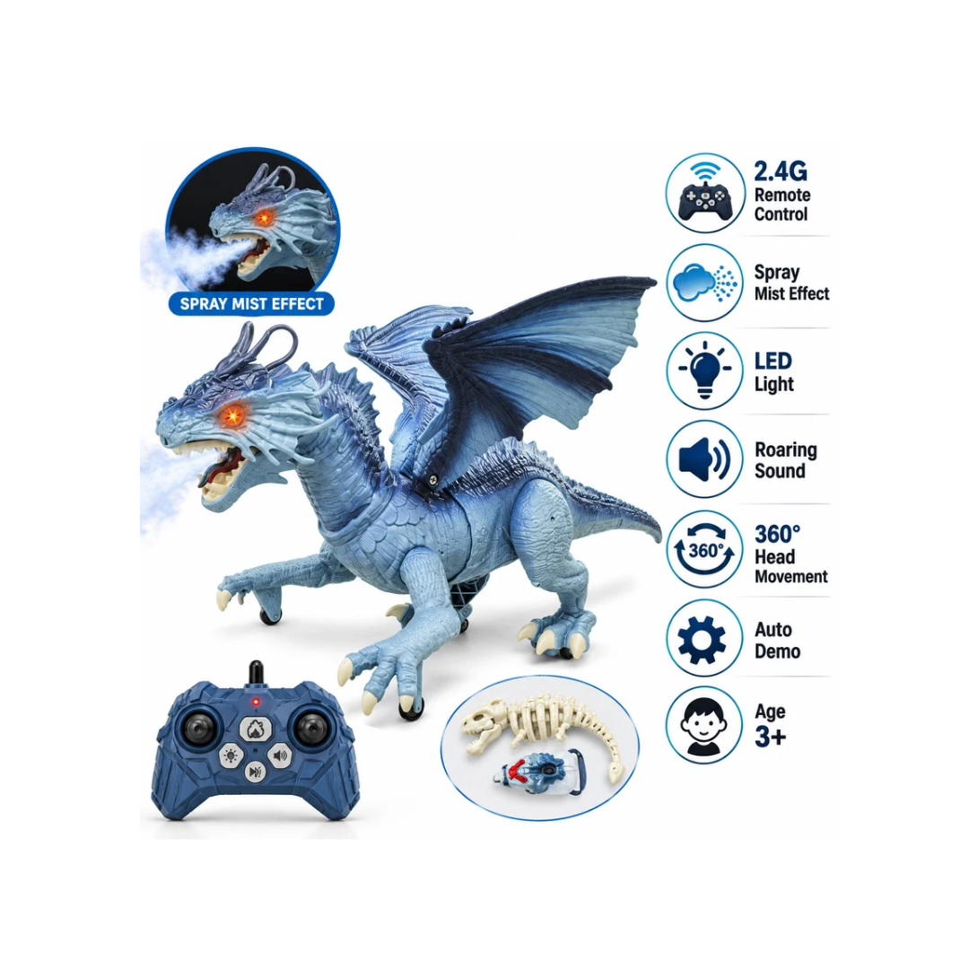 2.4G Remote Control Flying Dragon Dinosaur Toy with Spray Mist, Lights & Sound Assorted Color