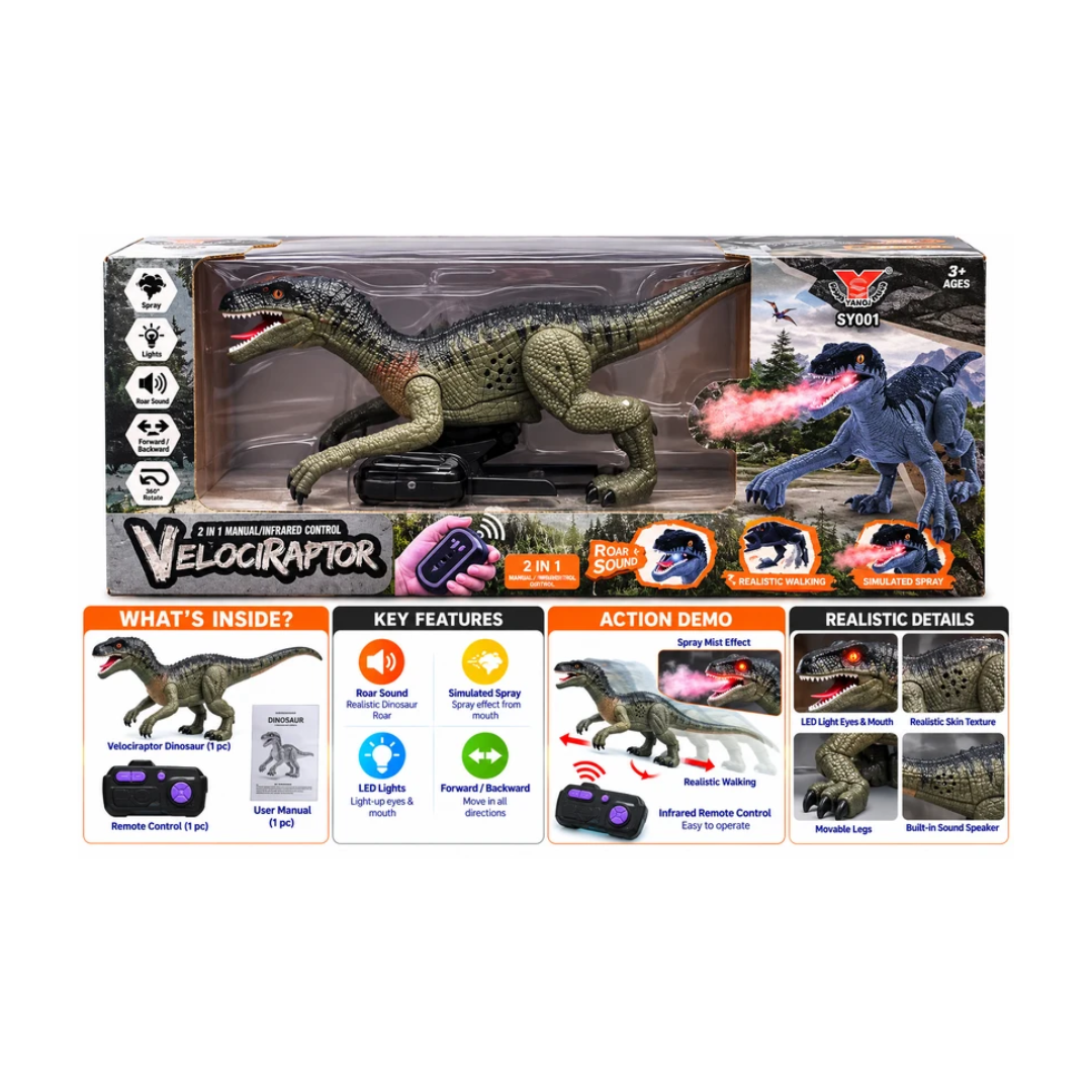 Song Yang Toys Velociraptor 2-in-1 Infrared Remote Control Dinosaur | Spray, Light & Roaring Sound | SY001