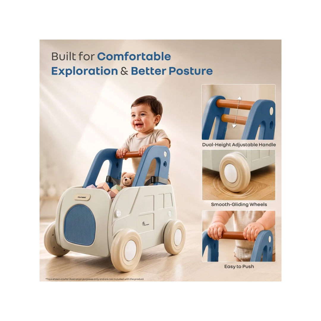 R for Rabbit Kiddie Kart 4-in-1 Kids Toy Storage Cart, Sit & Ride, Push Walker & Pull Along with Adjustable Handlebar – Grey Blue