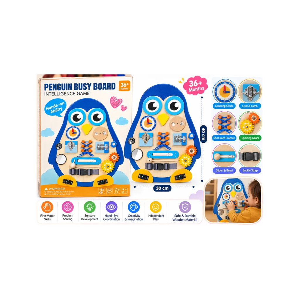 Penguin Busy Board Intelligence Game for Kids Ages 3+ | Montessori Wooden Activity Board with Locks, Gears, Clock & Fine Motor Skill Learning Activities