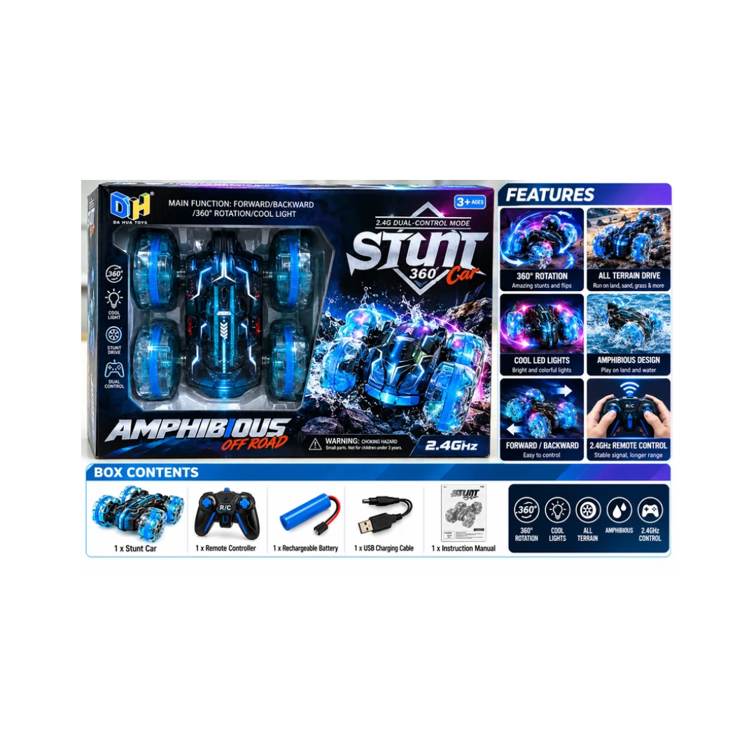 Amphibious 360° Stunt RC Car – 2.4GHz Dual Control with Lights