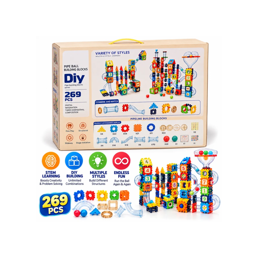 DIY 3D Pipeline Building Blocks Set – 269 PCS | STEM Construction & Ball Track Building Toy for Kids 3+