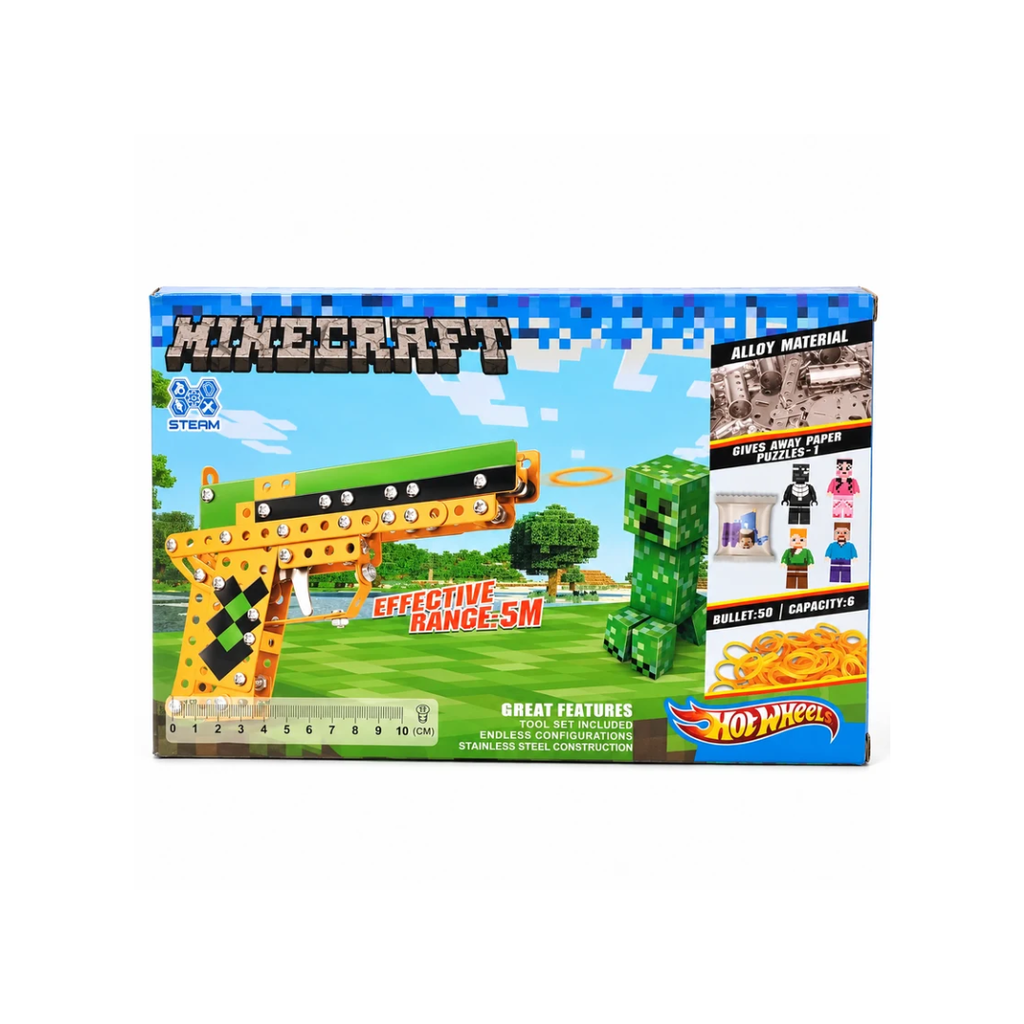 Minecraft Style Alloy Rubber Band Gun Building Kit – DIY STEAM Shooting Toy for Kids