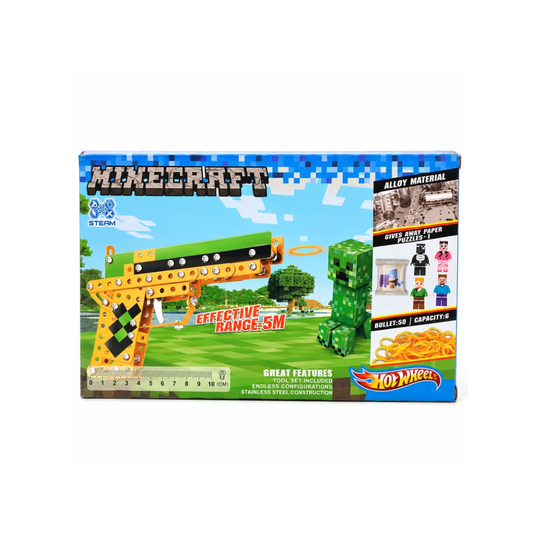 Minecraft Style Alloy Rubber Band Gun Building Kit – DIY STEAM Shooting Toy for Kids