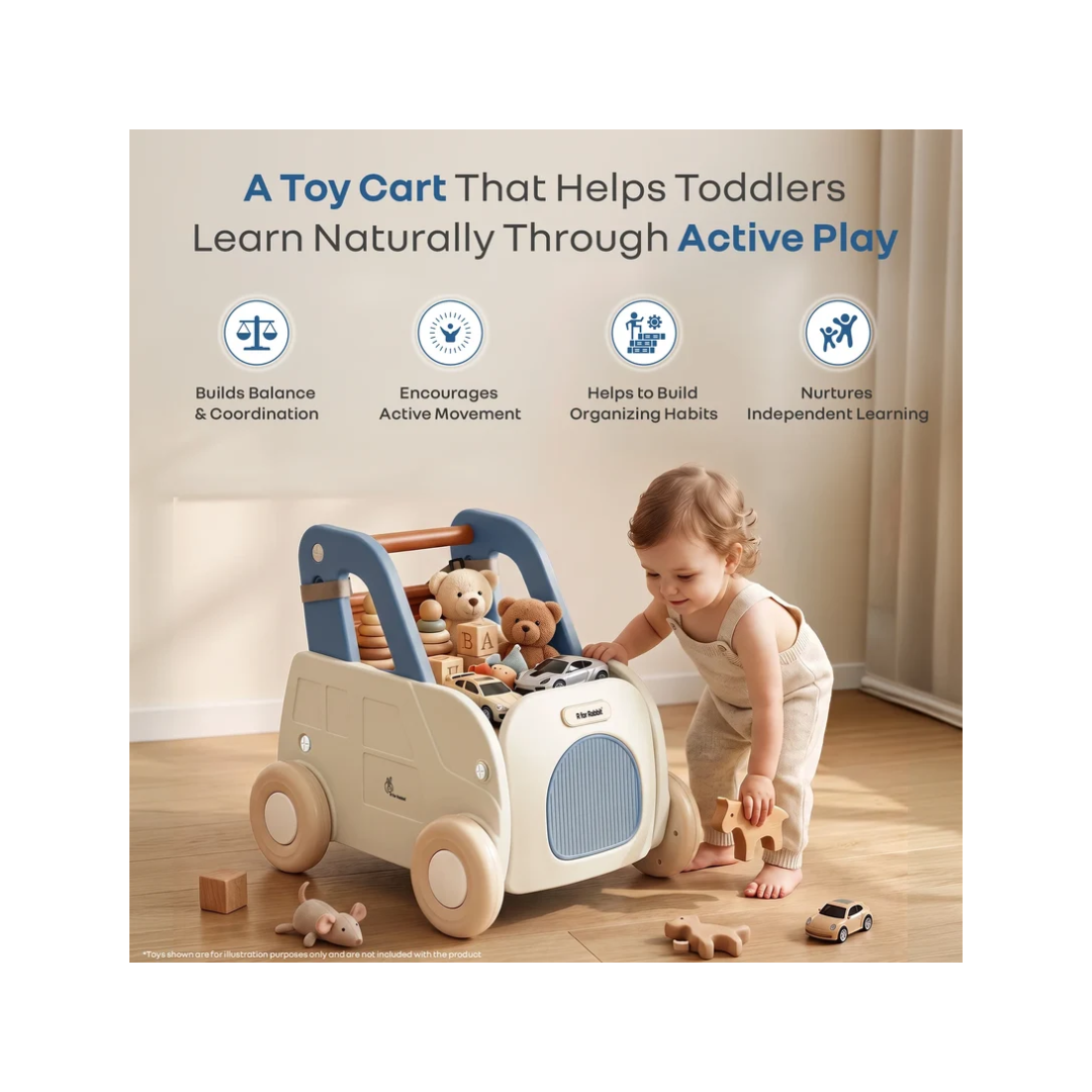 R for Rabbit Kiddie Kart 4-in-1 Kids Toy Storage Cart, Sit & Ride, Push Walker & Pull Along with Adjustable Handlebar – Grey Blue