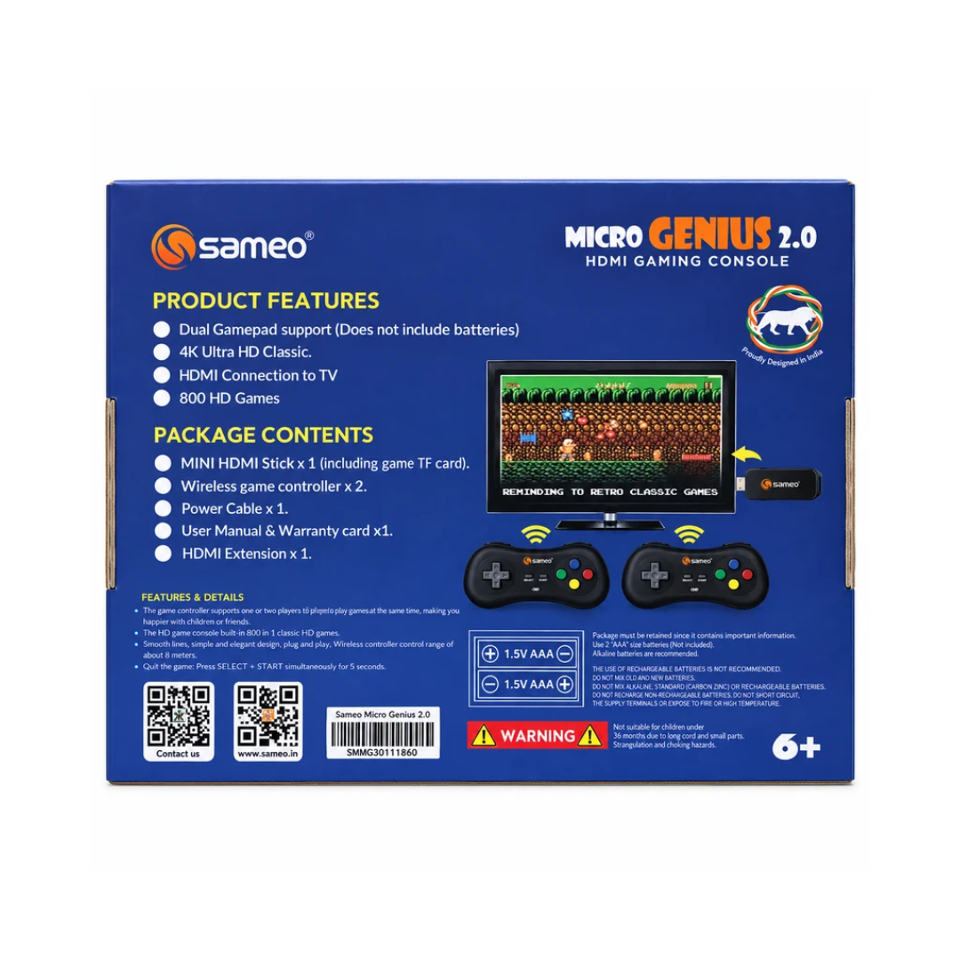 Sameo Micro Genius 2.0 HDMI Gaming Console – 800 Built-in HD Games Dual Controllers