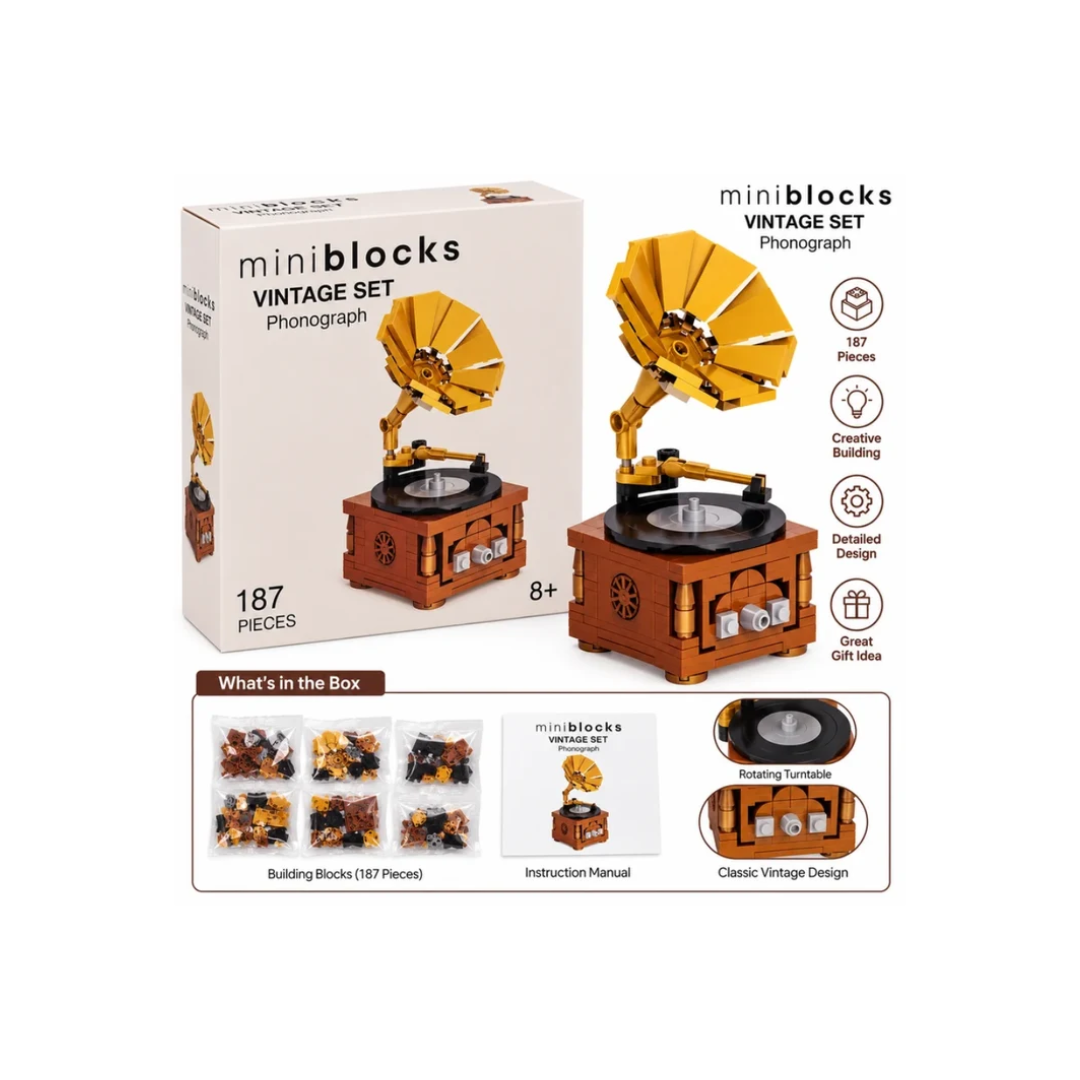 Mini Blocks Vintage Phonograph Building Set – 187 Pieces DIY Gramophone Model | 8+ Years
