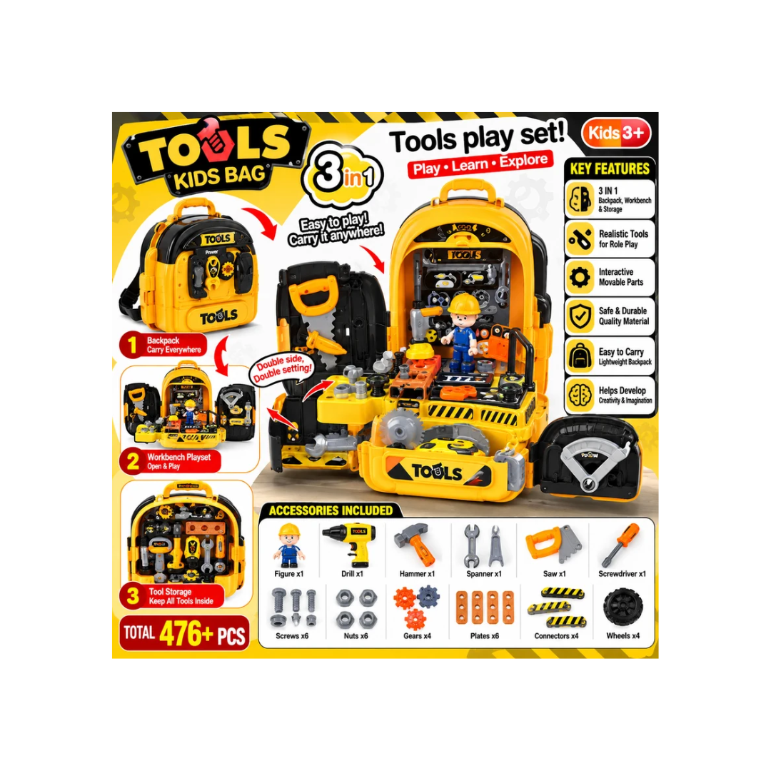 3-in-1 Kids Tool Play Set Backpack | Portable Pretend Repair & Workshop Kit for Kids 3+