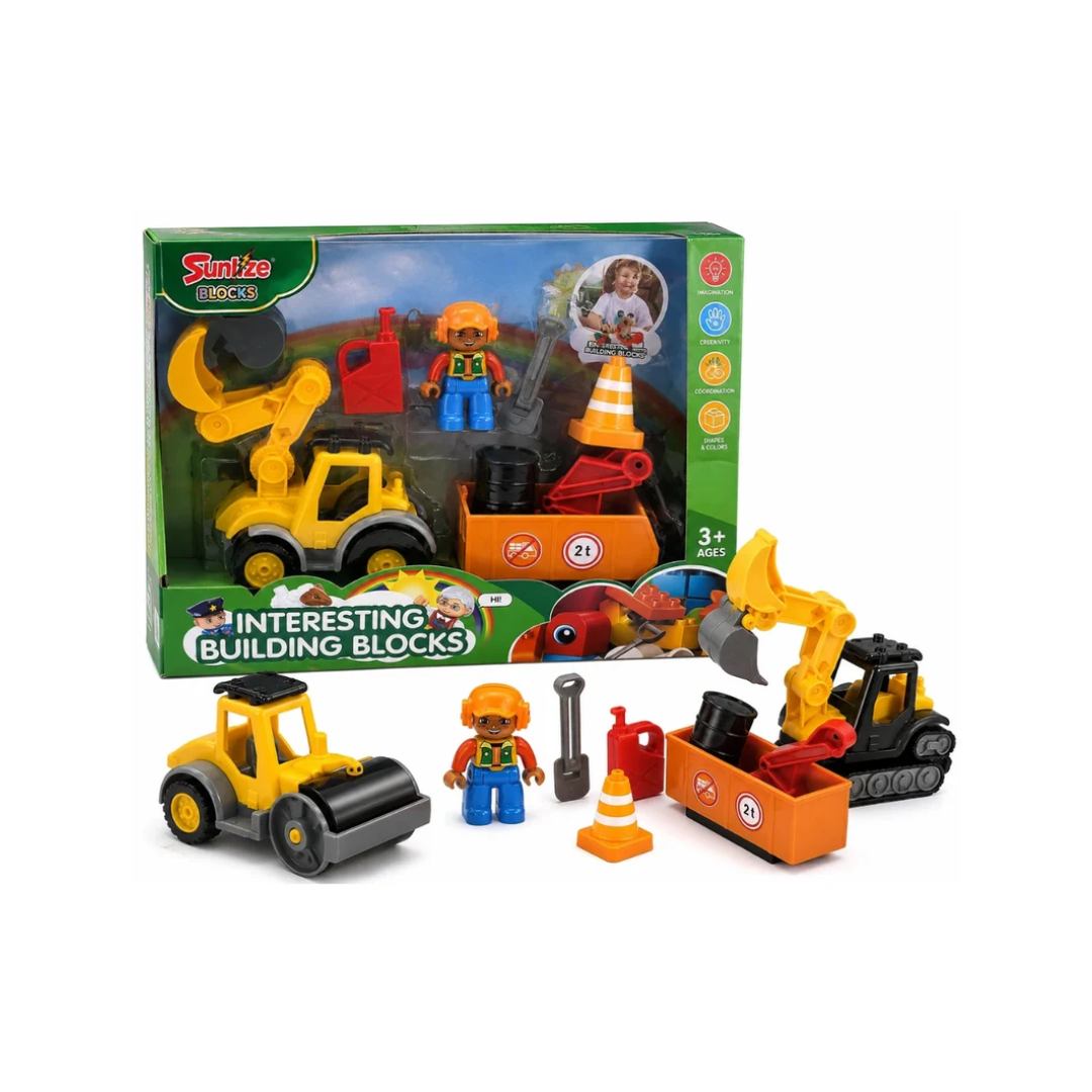 Construction Building Blocks Set with Excavator & Road Roller Vehicles Kids Construction Toy Set