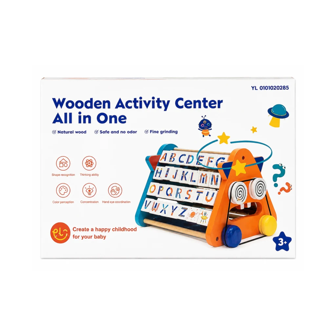 Wooden Activity Center All-in-One Alphabet Learning & Motor Skills Toy for Kids