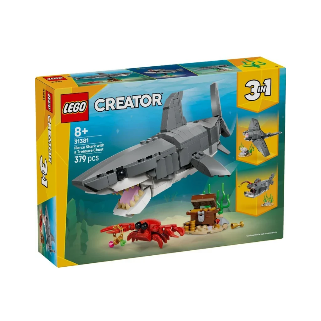 LEGO Creator 3-in-1 Fierce Shark with a Treasure Chest Building Set 31381, 379 Pieces, 3 Ocean Animals – 8+ Years