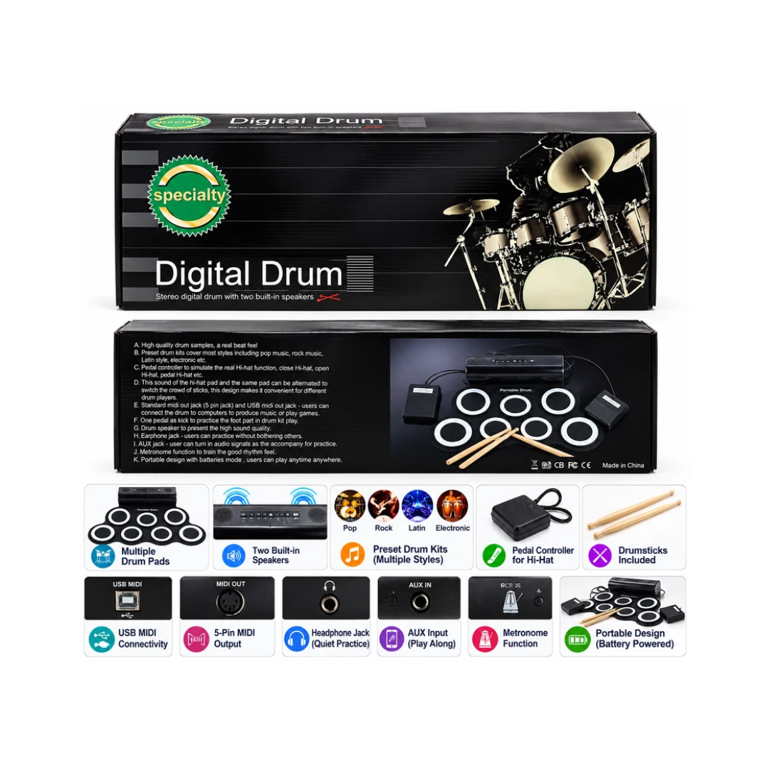 Electronic Digital Drum Set | Portable 7-Pad Drum Kit with Drumsticks, Foot Pedals & Built-In Speakers