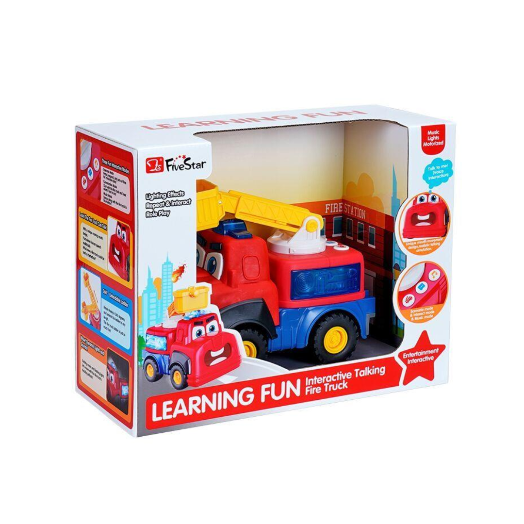FiveStar Interactive Talking Fire Truck Toy with Moving Mouth, Music & Rescue Crane