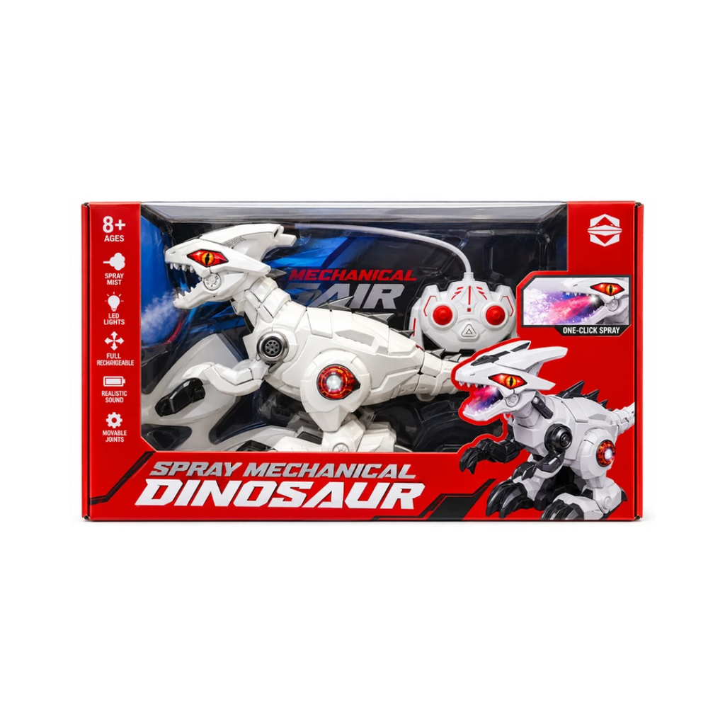 Spray Mechanical Dinosaur Robot Toy for Kids | Remote Control Robotic Dragon with Mist Spray, Lights & Sound Effects | White